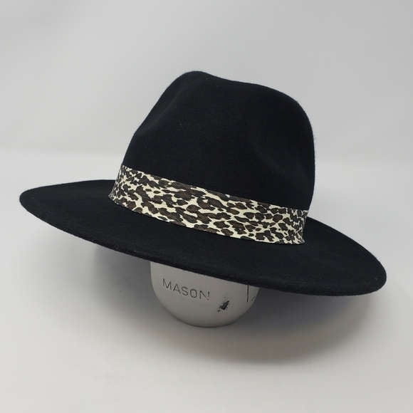 NINE WEST BLACK FEDORA HAT 100% WOOL CHEETAH PRINT BAND WOMEN OS - Picture 2 of 13